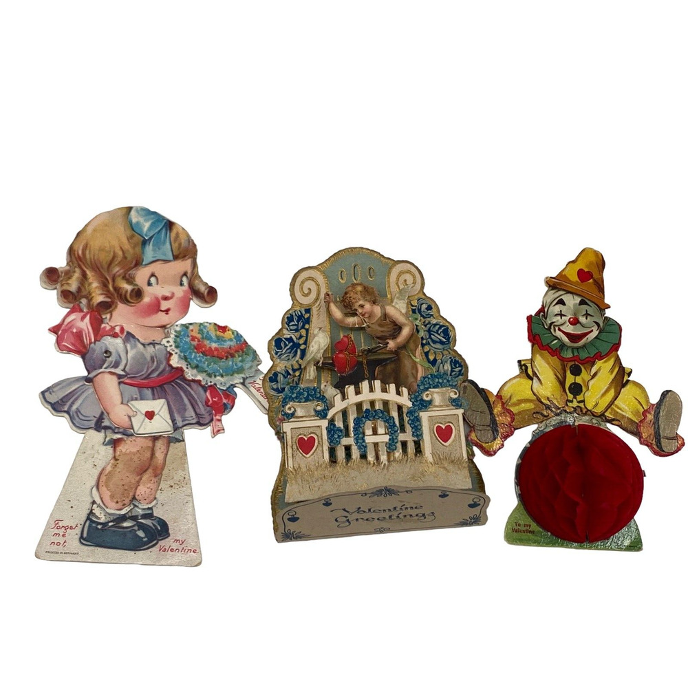 1920's German Valentine Day Cards Lot of 3 Pop Up Fold Out Victorian Doll Clown